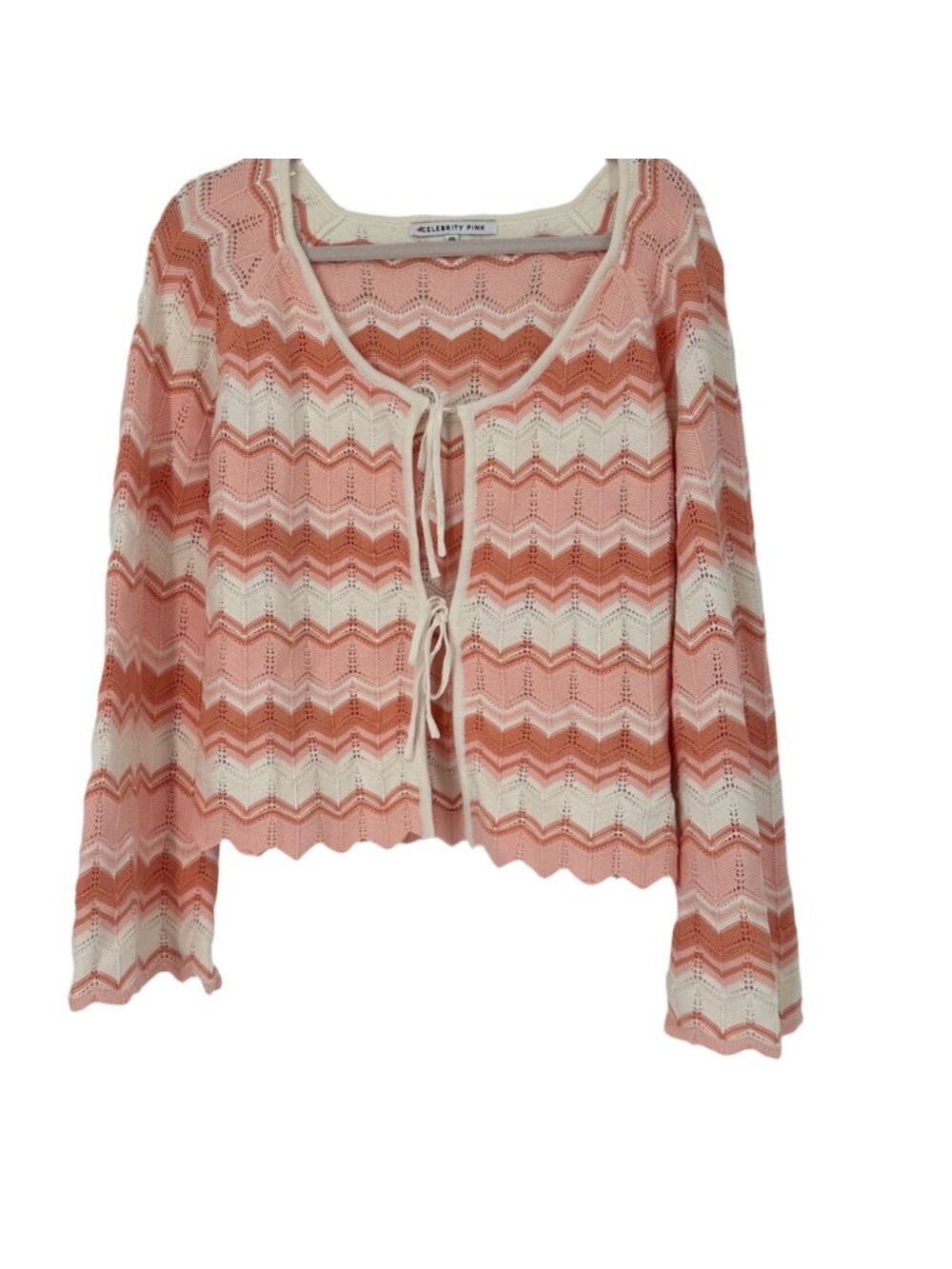 Celebrity Pink Chevron Tie Front Cardigan XXL Boho Peach Cream Bell Sleeve